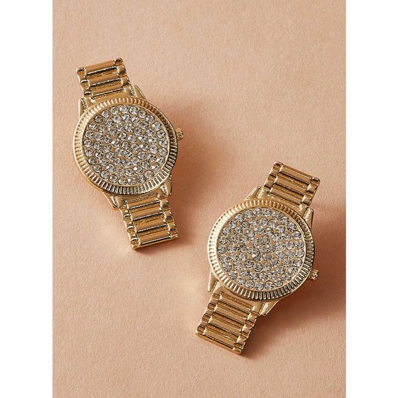Serving Looks Jewelry - Trendy Gold Rhinestone Watch Earrings Rolex bling gift Trend Hiphop Jewelry GLAM